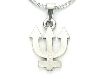 Neptune Necklace, Neptune Glyph Sign Pisces Symbol Charm Pendant any size long chain in Jewelry Gift USA Made Antique Silver Fine Pewter nb