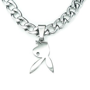 Upside Down Playboy Bunny Necklace, 9mm Cuban Chain, Pure 304 Stainless Steel, 9mm wide x 21.5&quot; Miami Cuban Curb Chain (nb)