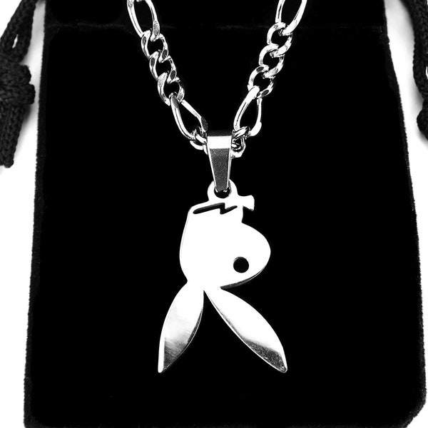 Upside Down Playboy Bunny Necklace on Figaro Curb Chain, Pure 304 Stainless Steel Playboi Carti Tattoo Symbol Charm Pendant 16"-50" Long nb