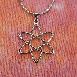 Atomic Whirl Necklace, Bohr Atom Nuclear Atheist Symbol Charm Pendant pick 16-50" long chain, gift for men or women, fast shipping nb image 1