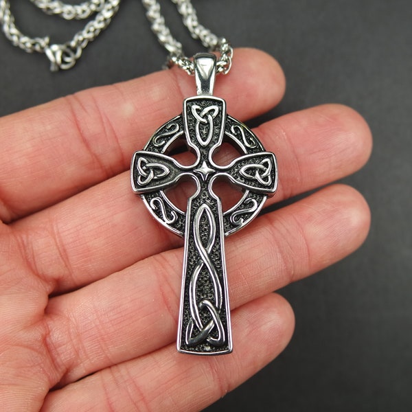 Large Celtic Irish High Cross Necklace, Pure Stainless Steel Pendant and 3mm Wheat Chain Jewelry for Men or Women