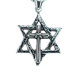 Messianic Star, Cross in Star of David Necklace, Jewish Christian Stainless Steel Messianic Judaism Magen David Shield w/ Christian Cross