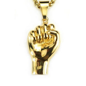 Raised Fist Necklace, Black Lives Matter Solidarity Sign Resitance Unity Symbol Gold Plated Stainless Long Chain BLM Black Power