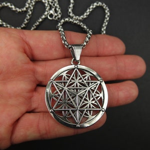 Merkabah on Flower of Life Necklace, Merkaba Pendant Big Merkavah on 3mm Box chain x 24 long, Sacred Geometry Jewelry Metaphysical Gift nb image 1