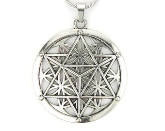 Merkabah on Flower of Life Necklace, Merkaba Pendant Big Merkavah pure stainless steel Snake chain Gift Sacred Geometry Jewelry nb