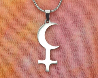 Black Moon Lilith Necklace or Earrings, Crescent Moon with Cross, pick 16-36" long chain Pure Stainless Wiccan Pagan Waterproof