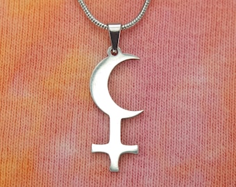 Black Moon Lilith Necklace or Earrings, Crescent Moon with Cross, pick 16-36" long chain Pure Stainless Wiccan Pagan Waterproof