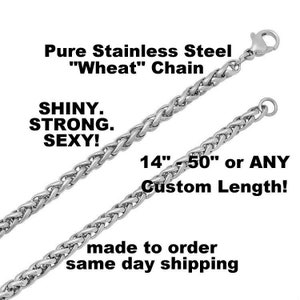 3mm Wheat Chain Necklace Pure Stainless Steel 14&quot;-50&quot; Long Chain or Any Custom Length Bracelet or Anklet Chain Same Day Ship Velvet Bag nb