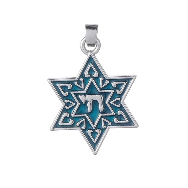 Chai in Star of David Necklace, or Earrings, Jewish Enamel Charm Pendant Magen L'chaim LifeStainless Men or Women Judaica Symbol Teal Green