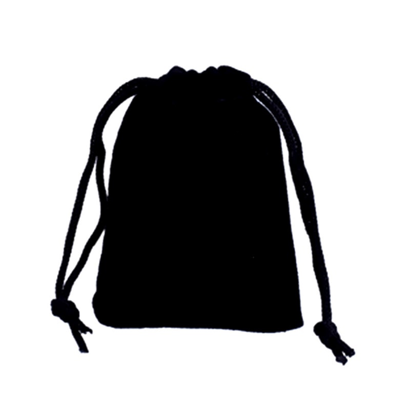 May include: A black velvet drawstring bag with a rounded bottom. The bag has a simple design and is closed with a black drawstring. The bag is made of a soft, plush material.