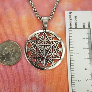 Merkabah on Flower of Life Necklace, Merkaba Pendant Big Merkavah on 3mm Box chain x 24 long, Sacred Geometry Jewelry Metaphysical Gift nb image 2