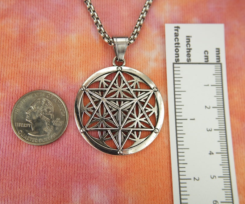 Merkabah on Flower of Life Necklace, Merkaba Pendant Big Merkavah on 3mm Box chain x 24 long, Sacred Geometry Jewelry Metaphysical Gift nb image 2