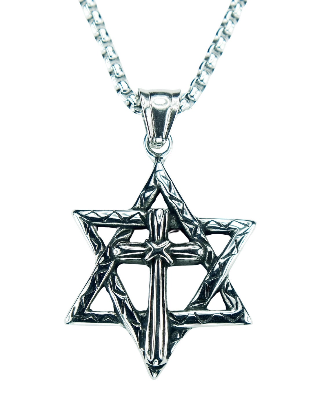 Messianic Star, Cross in Star of David Necklace, Jewish Christian Stainless  Steel Messianic Judaism Magen David Shield W/ Christian Cross