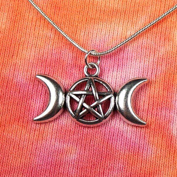 Turtleland 925 Sterling Silver Triple Moon Goddess Pentagram Necklace – Wiccan Magic Amulet, 2.25"