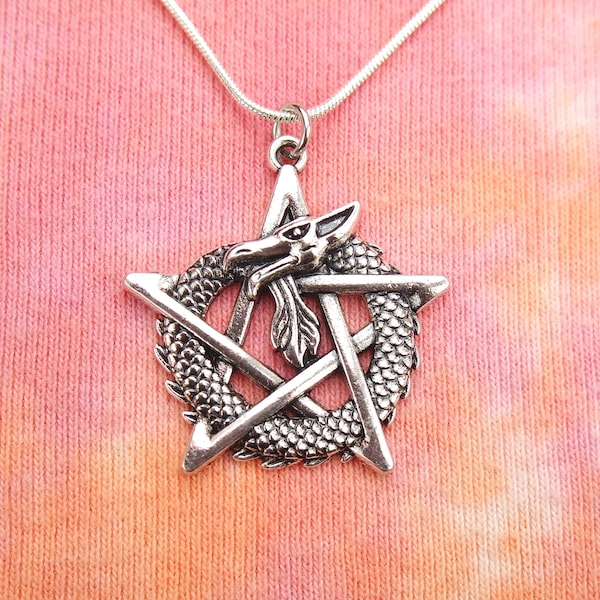 Dragon Pentacle Necklace, pick 16"-36" long chain, Gift Bag, Wiccan Pentagram Ouroboros Fantasy Pagan Gradon Charm Pendant Fast ship nb