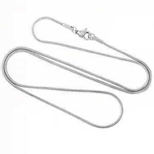 May include: A silver snake chain necklace with a lobster clasp closure.