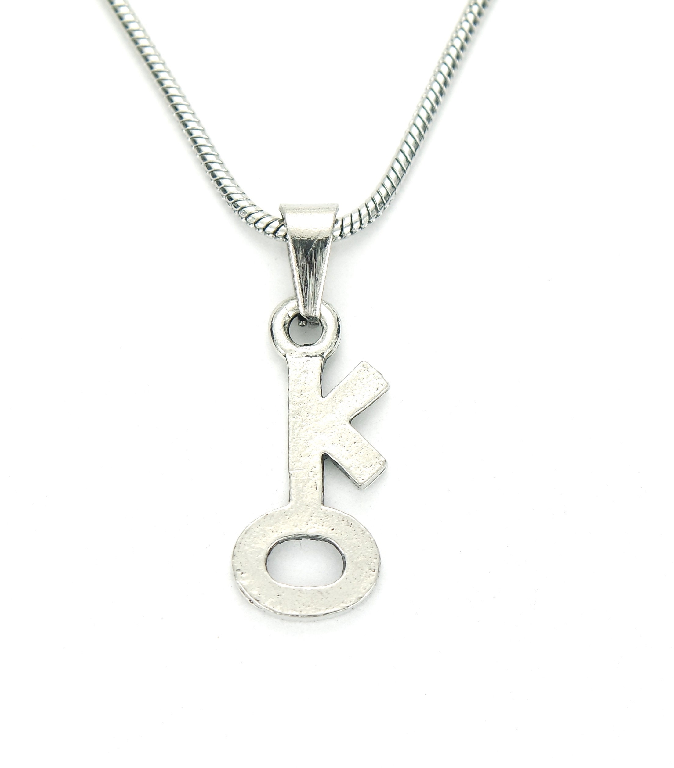 Chiron Necklace, Kheiron Glyph Sign Symbol Charm Pendant w/ any size long chain, Jewelry Gift USA Made Antique Silver Fine Pewter nb