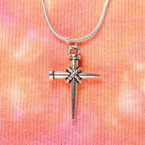 Small Cross of Nails Necklace, Holy Nails, Christian Charm Pendant pick 16-36" long Chain, Gift for Males or Females, Jesus Christ Cross
