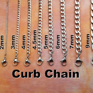 May include: A collection of silver curb chains in various widths, ranging from 1.5mm to 9mm, displayed against a soft, textured background. Each chain is shown with a clasp. The text "Curb Chain" is displayed at the bottom.