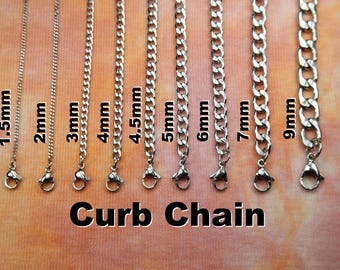Curb Chain, Stainless Steel Made to order Any Length, Necklace, Bracelet or Anklet Chain Miami Curb Chain 1.5mm 2mm 3mm 4mm 5mm 6mm 7mm 9mm