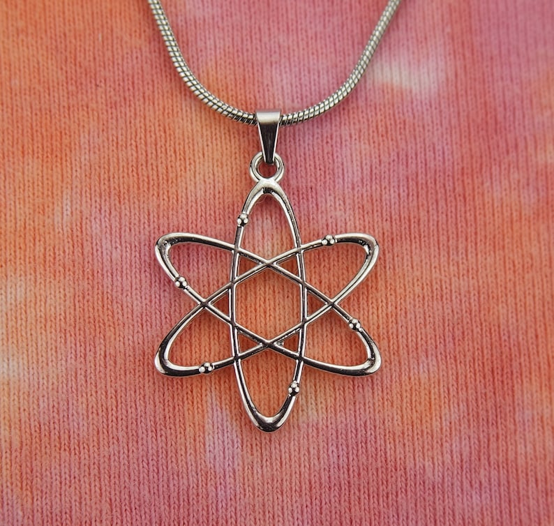 Atomic Whirl Necklace, Bohr Atom Nuclear Atheist Symbol Charm Pendant pick 16-50" long chain, gift for men or women, fast shipping nb image 1