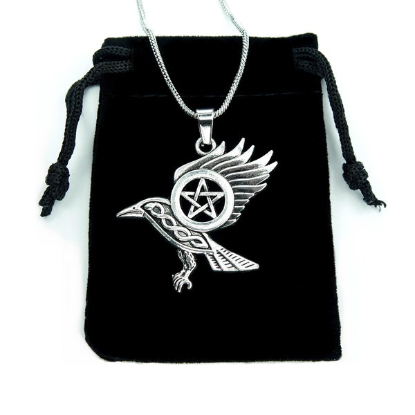 Raven with Pentacle Necklace, Wiccan Celtic Crow Charm Pendant Morrigan Pentagram Star Pendant Wicca nb