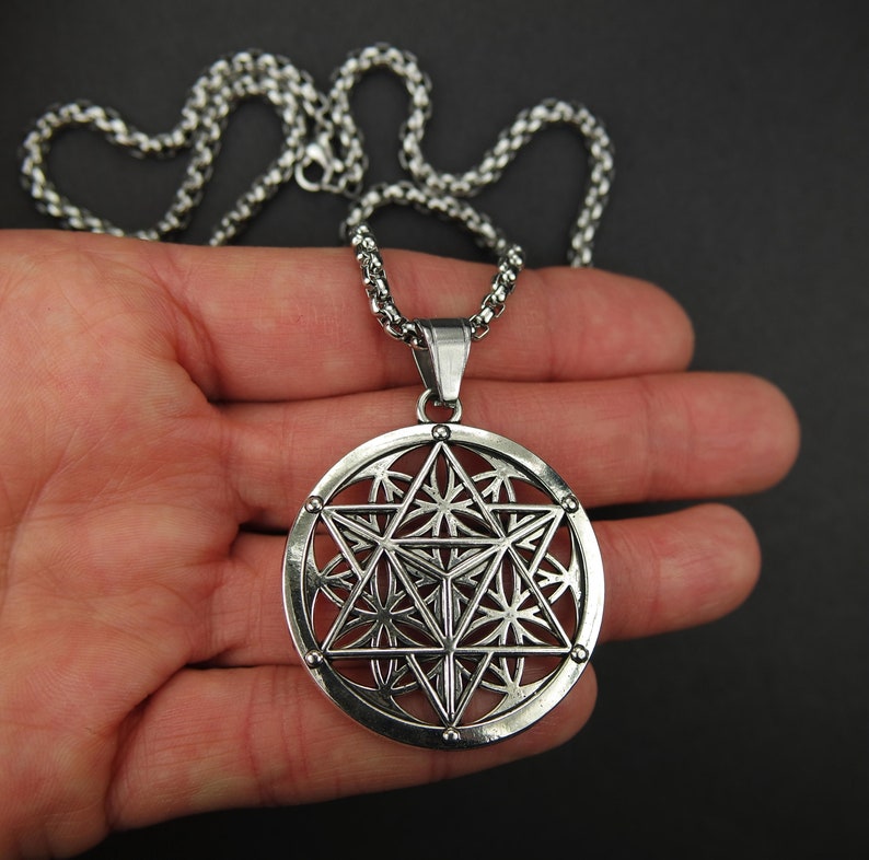 Merkabah on Flower of Life Necklace, Merkaba Pendant Big Merkavah on 3mm Box chain x 24 long, Sacred Geometry Jewelry Metaphysical Gift nb image 1