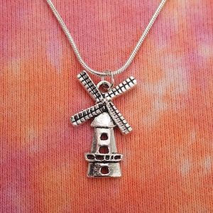 Dutch Windmill Necklace, Medium Dutch Netherlands Holland Wind Mill Charm Pendant Custom Length Long Snake Chain nb
