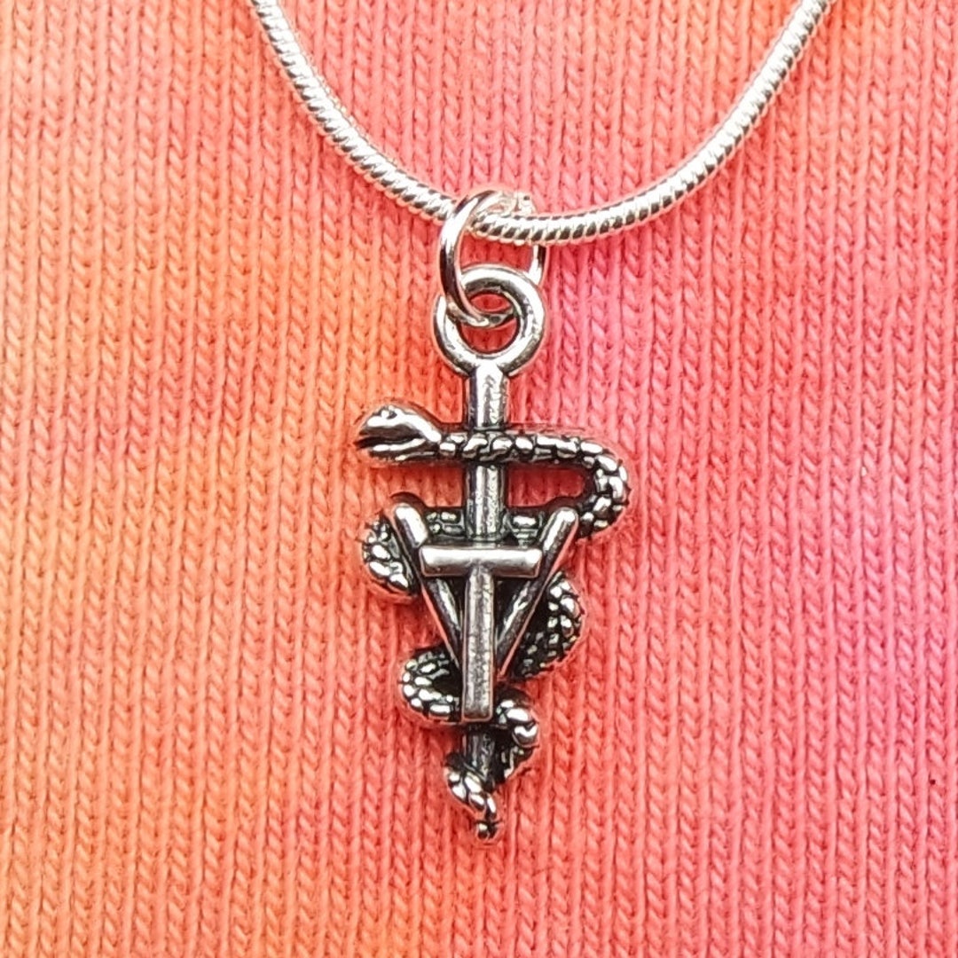 Rod Of Asclepius Pendant Necklace -solid Hand Cast Bronze - Staff Of