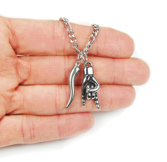 thumbnail image 2 of Ann Claridge Italian Lucky Charms Necklace - Mano Cornuto, Cornicello, Nazar - Stainless Steel Snake Chain 2 of 5