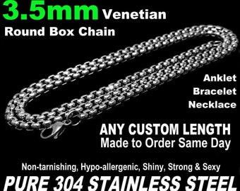 3.5mm Box Chain Necklace Bracelet Anklet, Pure 304 Stainless Steel, 5"-50" Long Chain or Any Custom Length Smooth Chain Made to Order