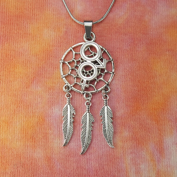 Two-Spirit Necklace or Earrings, Male Female Gender Dreamcatcher Third-gender Native American Symbol Dream Catcher Feathers Venus Mars Sign