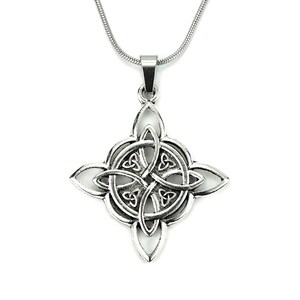 May include: A silver Celtic knot pendant necklace with a four-leaf clover design. The pendant is intricate and detailed, with a silver chain.