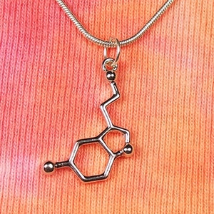 Collar o pendientes de molécula de serotonina, joyería colgante con símbolo de triptófano soñando con apetito de humor