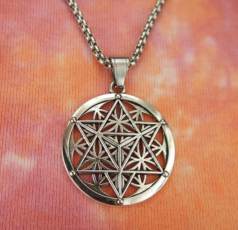 Merkabah on Flower of Life Necklace, Merkaba Pendant Big Merkavah on 3mm Box chain x 24 long, Sacred Geometry Jewelry Metaphysical Gift nb image 6