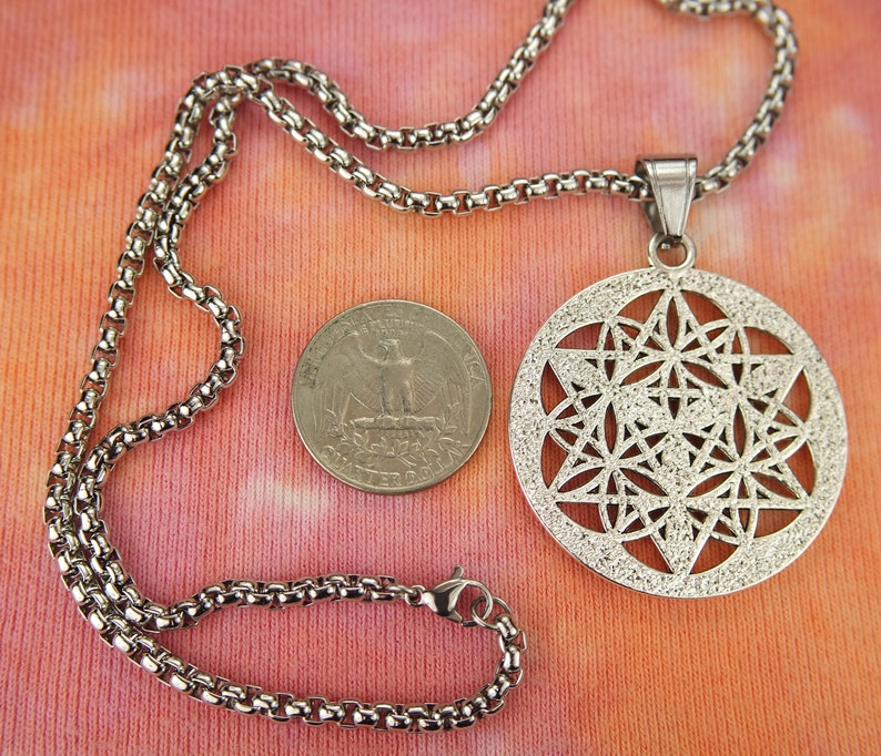 Merkabah on Flower of Life Necklace, Merkaba Pendant Big Merkavah on 3mm Box chain x 24 long, Sacred Geometry Jewelry Metaphysical Gift nb image 5