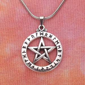 Pentacle in Circle of Runes, Necklace or Earrings, Pentagram Star Pagan Wiccan Viking Elder Futhark, Silver Plated Zinc with Stainless Steel