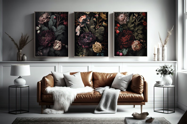Dark Floral Wall Art Set Moody Floral Art Gallery Set of 3 Etsy
