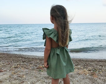 Sage green flower girl dress, ruffled linen dress baby, sage green pinafore dress, organic boho dress