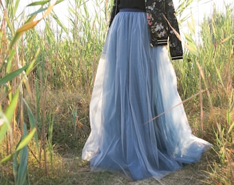 Long tulle skirt, dusty blue bridesmaid skirt for maid of honor, plus size bridal maxi skirt engagement outfit