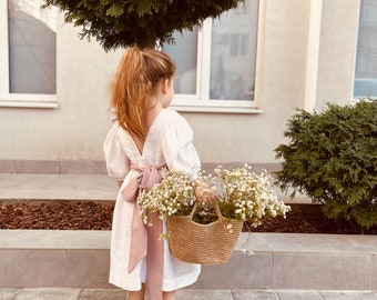 Flower girl dress winter, ivory linen dress toddler, gown long sleeve with bow, boho dress fall, 1st birthday infant, photoshoot outfit baby