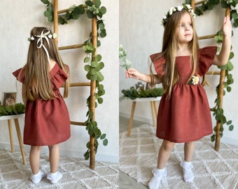 Flower girl dress, infant rust dress, linen dress 1st birthday toddler, country rustic dress organic baby clothes ruffled kids gown pinafore