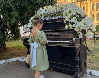 Sage green flower girl dress puffy sleeves, olive dress with bow,  infant girl gift, Christmas dress, photoshoot outfit, occasion dress