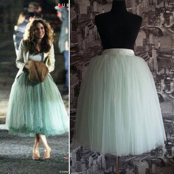 Jupe en tulle vert sauge pour femme, jupe de bal, jupe midi au genou, tutu Carrie Bradshaw, tenue pour le 25e anniversaire, robe de demoiselle d'honneur jupe grande taille