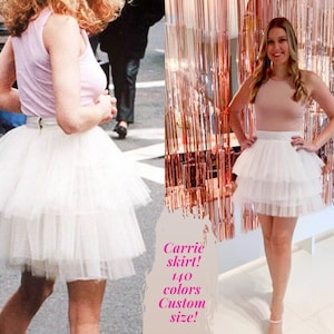 Jupe courte blanche tutu Carrie Bradshaw, jupe grande taille, tenue 25e anniversaire, robe de soirée sjp, jupe Carrie tutu sjp New York en tulle