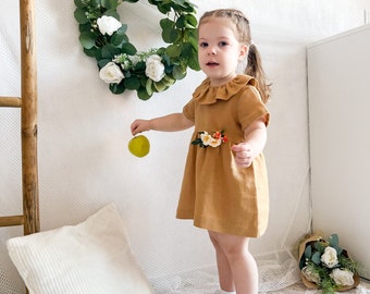 Infant linen dress, boho flower girl dress, organic summer dress, mustard rustic dress gift for niece, spring summer dress, communion dress