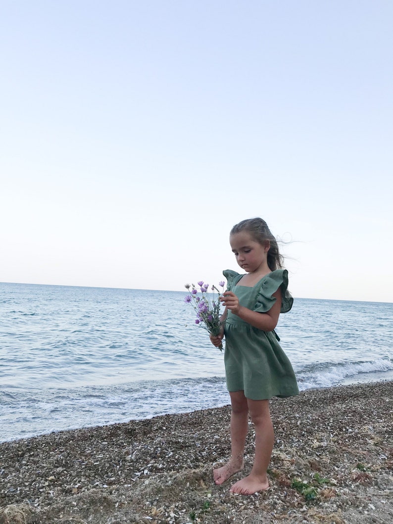 Sage Green Flower Girl Dress Ruffled Linen Dress Baby Sage Etsy