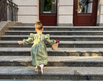 Flower girl dress sage green, winter dress toddler, long sleeve linen dress communion gown, toddler boho dress junior bridesmaid