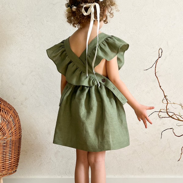 Sage green linen dress, boho flower girl dress, ruffled dress baby photoshoot outfit, pinafore dress, 1st birthday dress