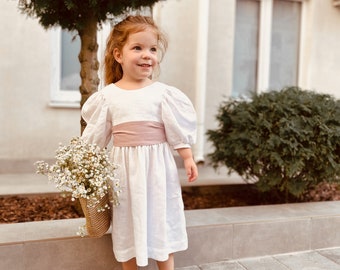 Long sleeve dress, minimalism dress flower girl, fall toddler dress with bow, dress infant, 1st birthday infant, ivory dress winter
